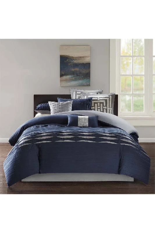 Synthetic - filled comforters like polyester for affordability and hypoallergenic propertiesFull - size comforters suitable for full - sized beds in guest rooms or small bedroomsNara Navy Comforter Set Synthetic - filled comforters like polyester for affordability and hypoallergenic propertiesFull - size comforters suitable for full - sized beds in guest rooms or small bedroomsNara Navy Comforter Set