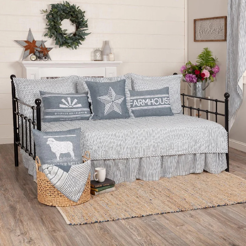 Floral - printed bed skirts for a feminine touchSawyer Mill Blue Ticking Stripe 5pc Daybed Quilt Set (1 Quilt, 1 Bed Skirt, 3 Standard Shams) VHC Brands Floral - printed bed skirts for a feminine touchSawyer Mill Blue Ticking Stripe 5pc Daybed Quilt Set (1 Quilt, 1 Bed Skirt, 3 Standard Shams) VHC Brands