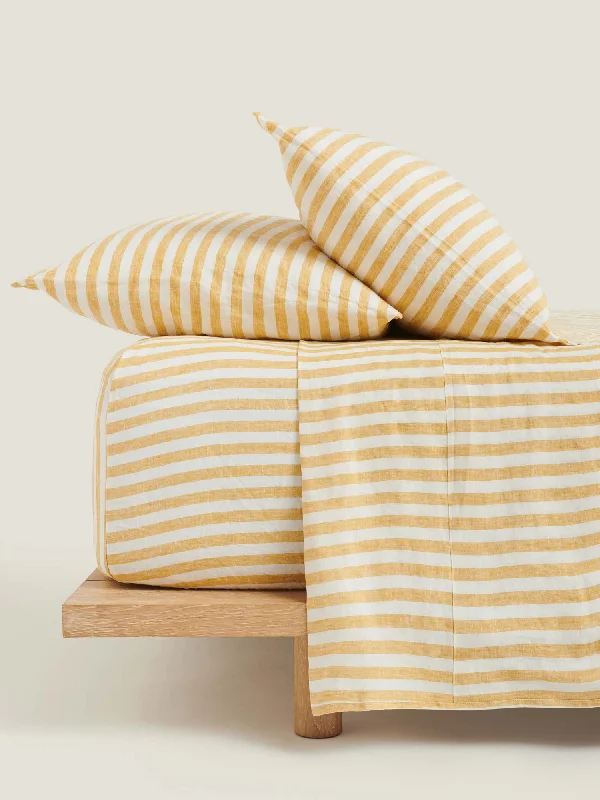 Quilted Cotton Sheets for a Warm and Inviting Bed100% Linen Fitted Sheet in Yellow Stripes