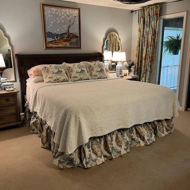 Bed skirts with a football - team - colored patternGathered Bedskirt in Queen Tuscan Blue and Coral Medallion Watercolor- Large Scale