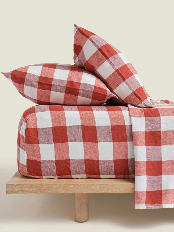 King - Size Sheet Sets with a Decorative Pillow Set100% Linen Fitted Sheet in Paprika