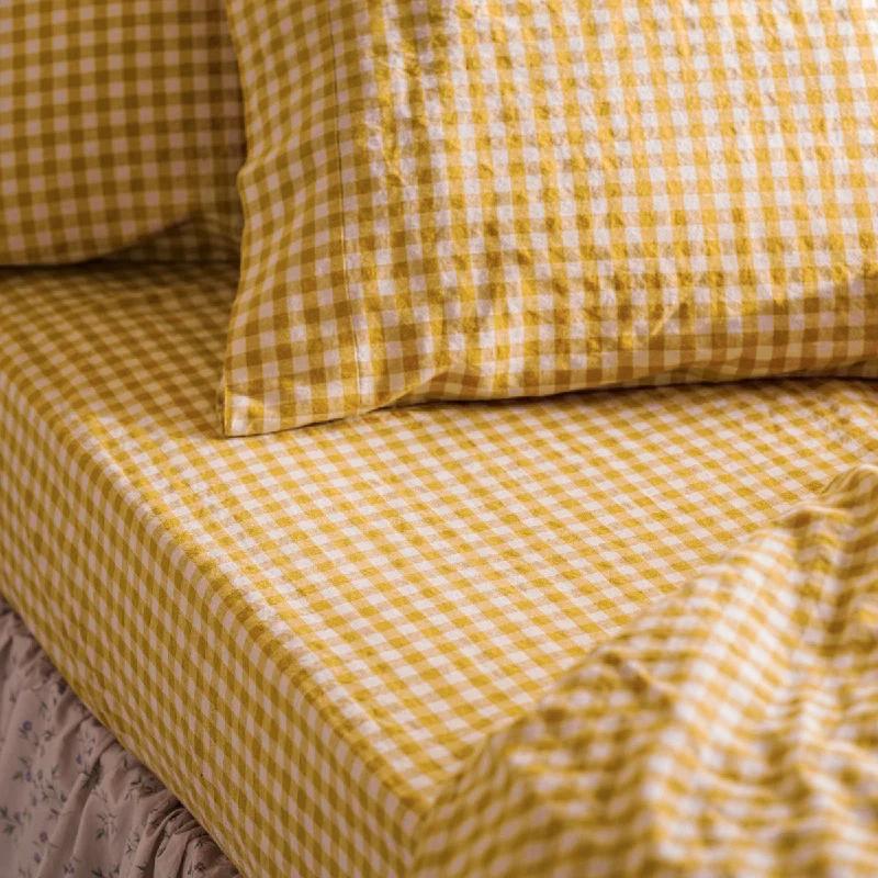Quilted Cotton Sheets for a Warm and Inviting BedHoney Gingham Linen Blend Fitted Sheet