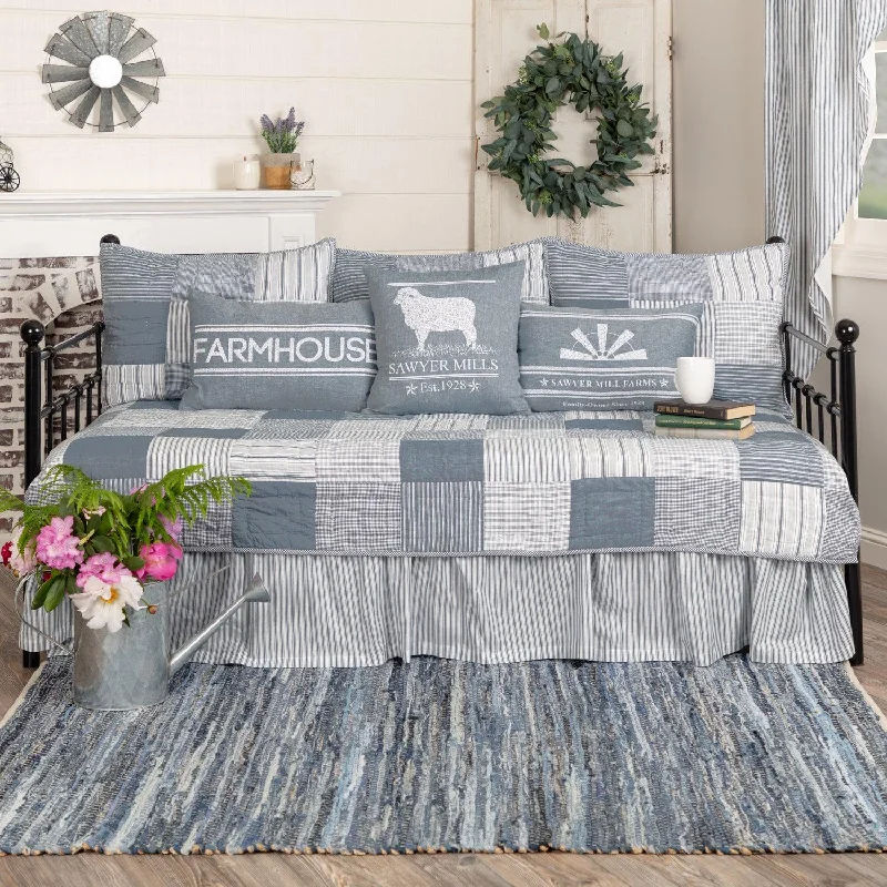 Bed skirts with a country - style patternSawyer Mill Blue 5pc Daybed Quilt Set (1 Quilt, 1 Bed Skirt, 3 Standard Shams) VHC Brands Bed skirts with a country - style patternSawyer Mill Blue 5pc Daybed Quilt Set (1 Quilt, 1 Bed Skirt, 3 Standard Shams) VHC Brands