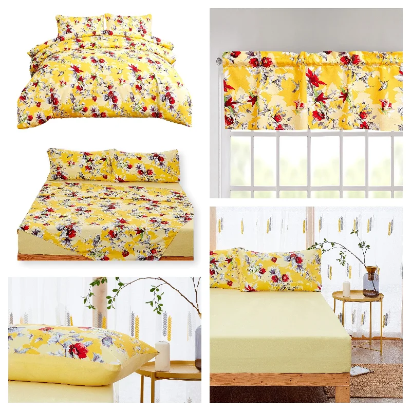 Hotel - quality duvet covers for a luxurious feel at homeDaDa Bedding Sunshine Yellow Hummingbirds Floral Duvet Cover & Fitted Flat Bed Sheets Set w/ Pillow Cases Window Valances (925) Hotel - quality duvet covers for a luxurious feel at homeDaDa Bedding Sunshine Yellow Hummingbirds Floral Duvet Cover & Fitted Flat Bed Sheets Set w/ Pillow Cases Window Valances (925)