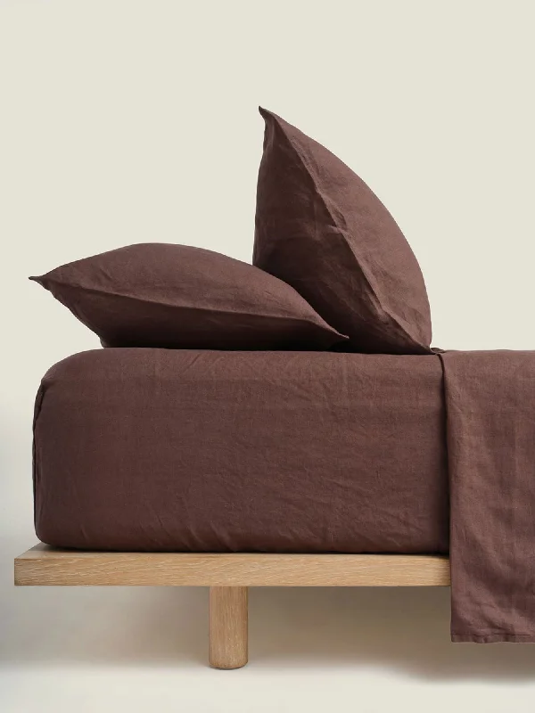 Twin - Size Sheet Sets with a Pillow Protector100% Linen Fitted Sheet in Chocolate