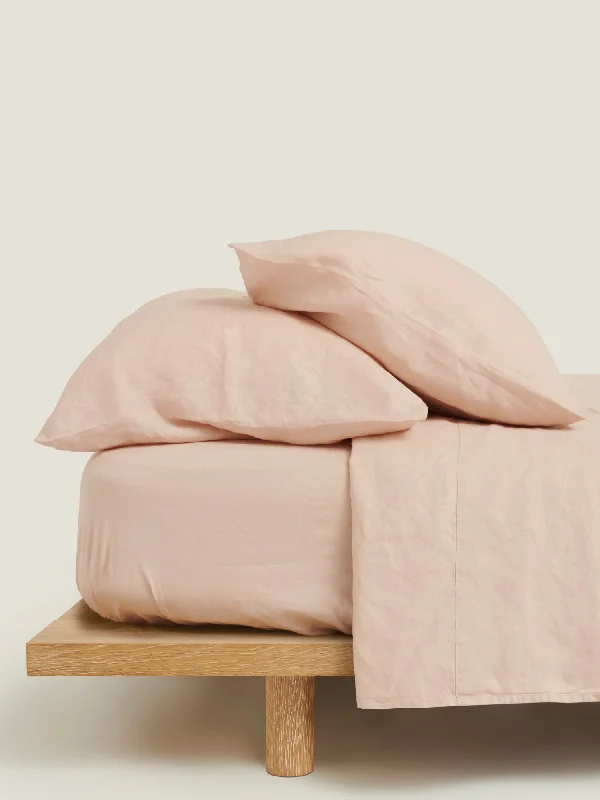 Twin - Size Sheet Sets with a Pillow Protector100% Linen Fitted Sheet in Blush
