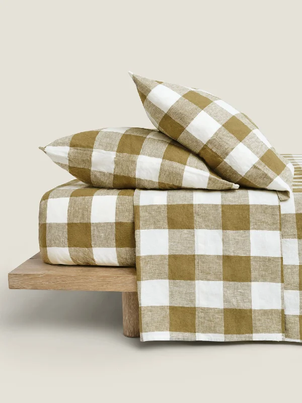 Jersey - Knit Sheets for a Comfortable and Casual Bed100% Linen Fitted Sheet in Olive Check