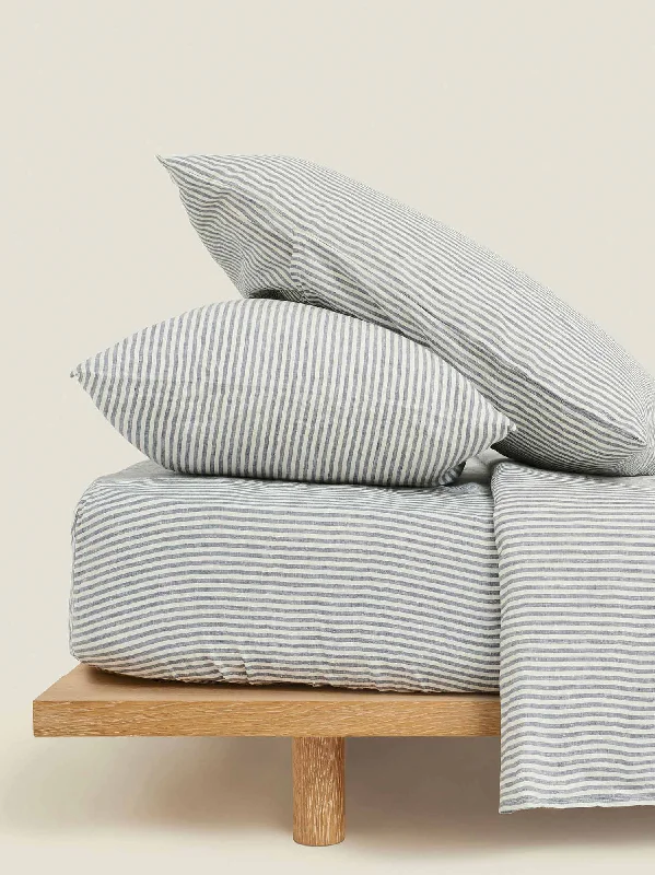 Jersey - Knit Sheets for a Comfortable and Casual Bed100% Linen Fitted Sheet in Blue Stripes Jersey - Knit Sheets for a Comfortable and Casual Bed100% Linen Fitted Sheet in Blue Stripes