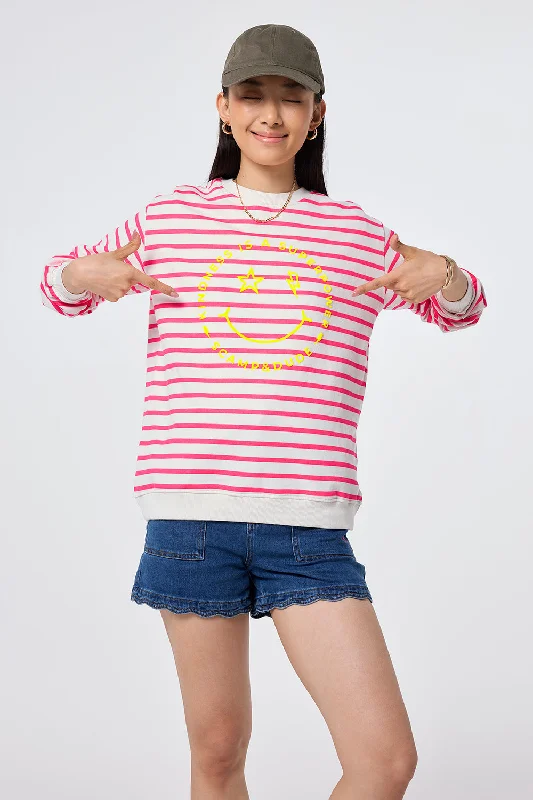 Ivory with Neon Pink Stripe and Smiley Face Oversized Sweatshirt