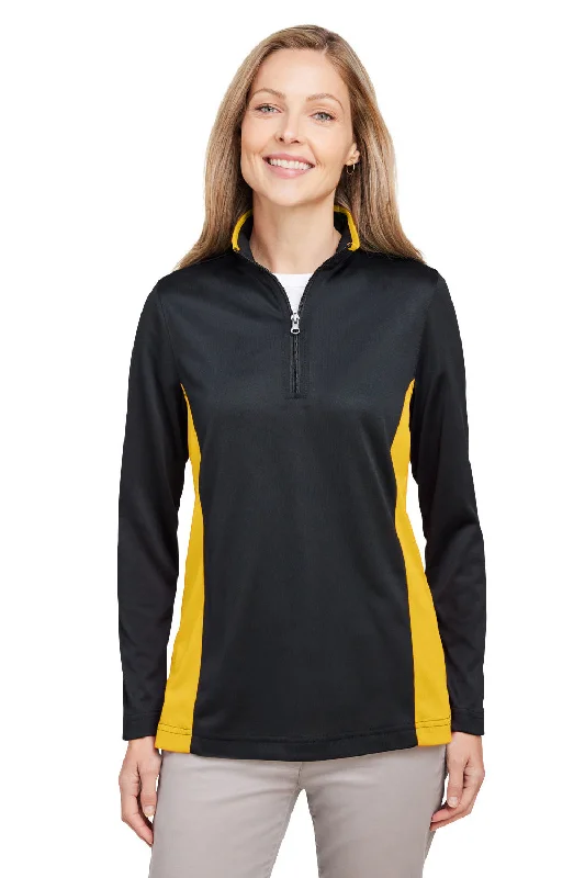 Harriton Womens Flash Performance Moisture Wicking Colorblock 1/4 Zip Sweatshirt - Black/Sunray Yellow