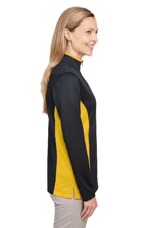 Harriton Womens Flash Performance Moisture Wicking Colorblock 1/4 Zip Sweatshirt - Black/Sunray Yellow