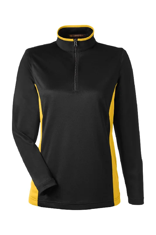 Harriton Womens Flash Performance Moisture Wicking Colorblock 1/4 Zip Sweatshirt - Black/Sunray Yellow