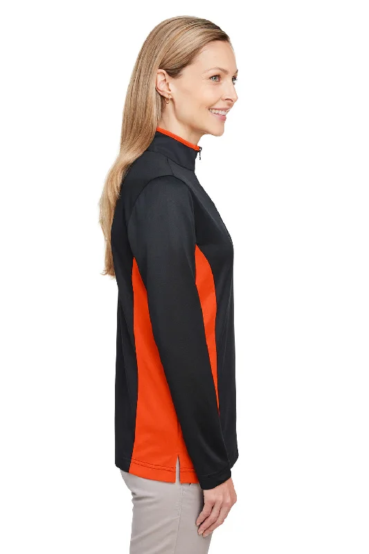 Harriton Womens Flash Performance Moisture Wicking Colorblock 1/4 Zip Sweatshirt - Black/Team Orange