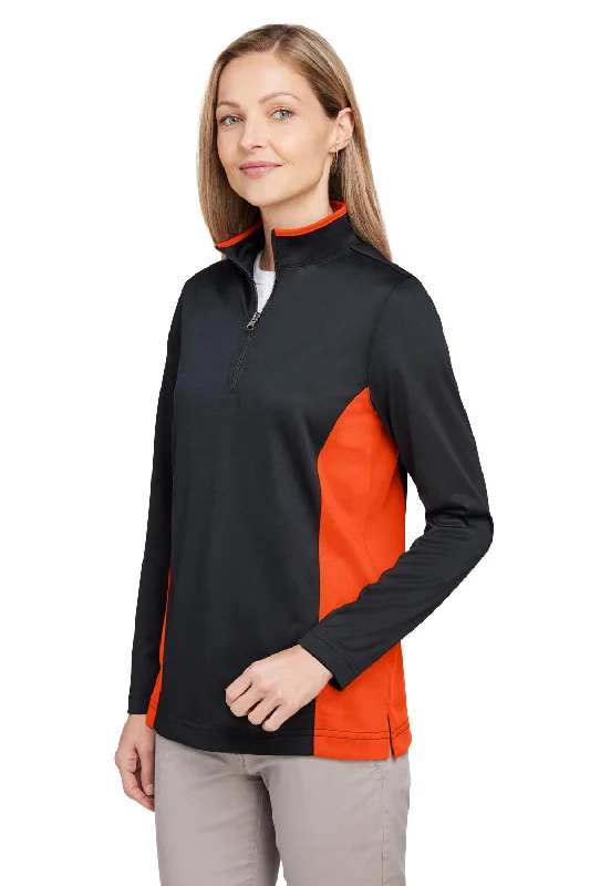 Harriton Womens Flash Performance Moisture Wicking Colorblock 1/4 Zip Sweatshirt - Black/Team Orange