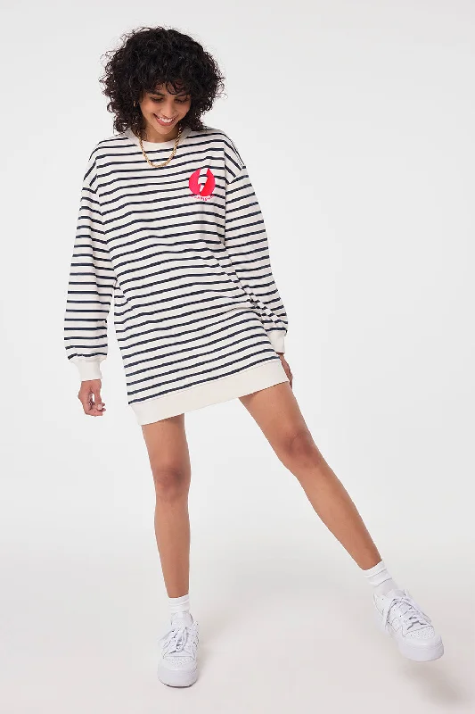 Ivory with Navy Stripe Placement Bolt Graphic Oversized Tunic