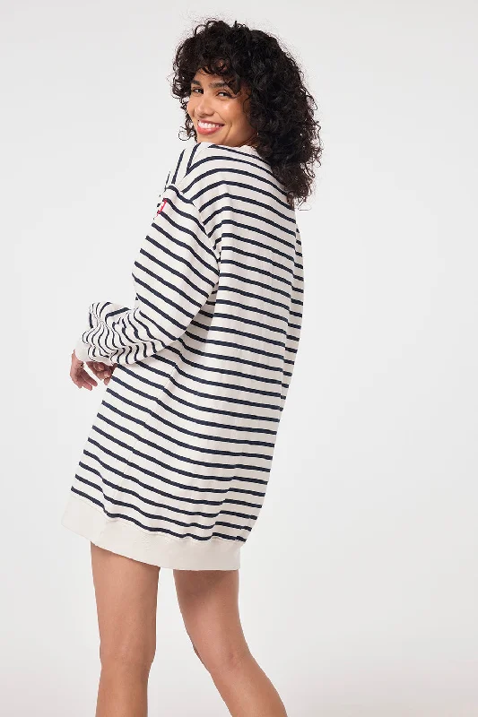 Ivory with Navy Stripe Placement Bolt Graphic Oversized Tunic