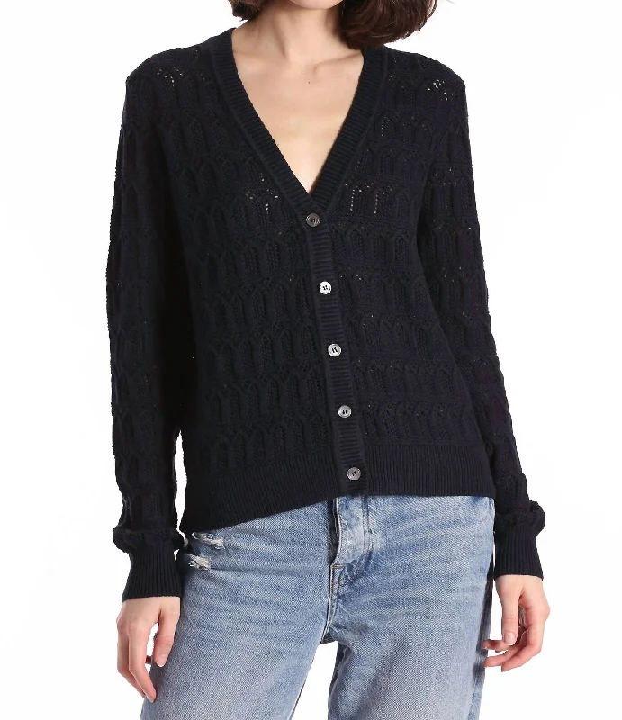 Cotton Cashmere Pointelle Cardigan In Navy