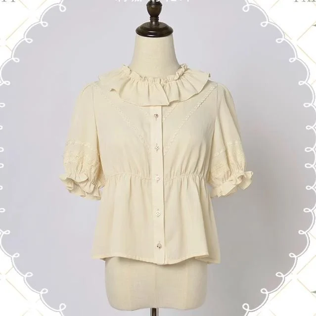 (BFM)Magic Tea Party~Lena's Garland~Daily Lolita Shirt Short Sleeve Beige Chiffon Blouse