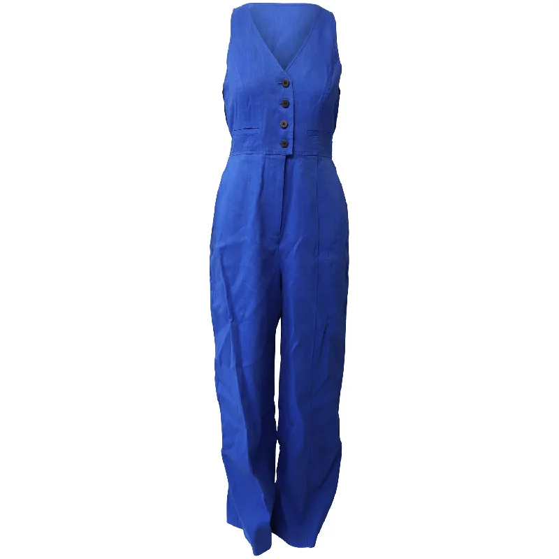 Diane Von Furstenberg Button Up Fitted Jumpsuit in Blue Linen