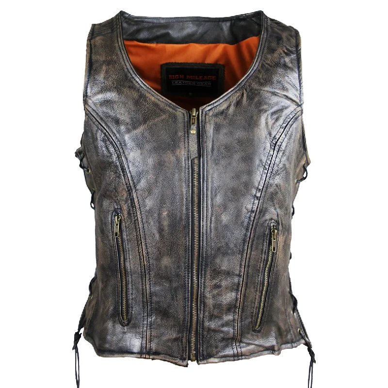 HML1029DB Vance Leather High Mileage Ladies Distressed Brown Lace Side Vest