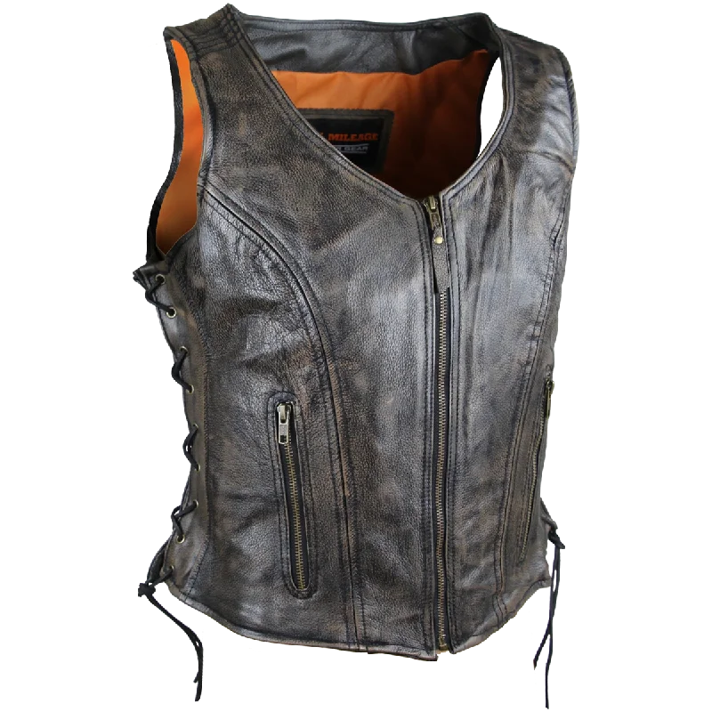 HML1029DB Vance Leather High Mileage Ladies Distressed Brown Lace Side Vest