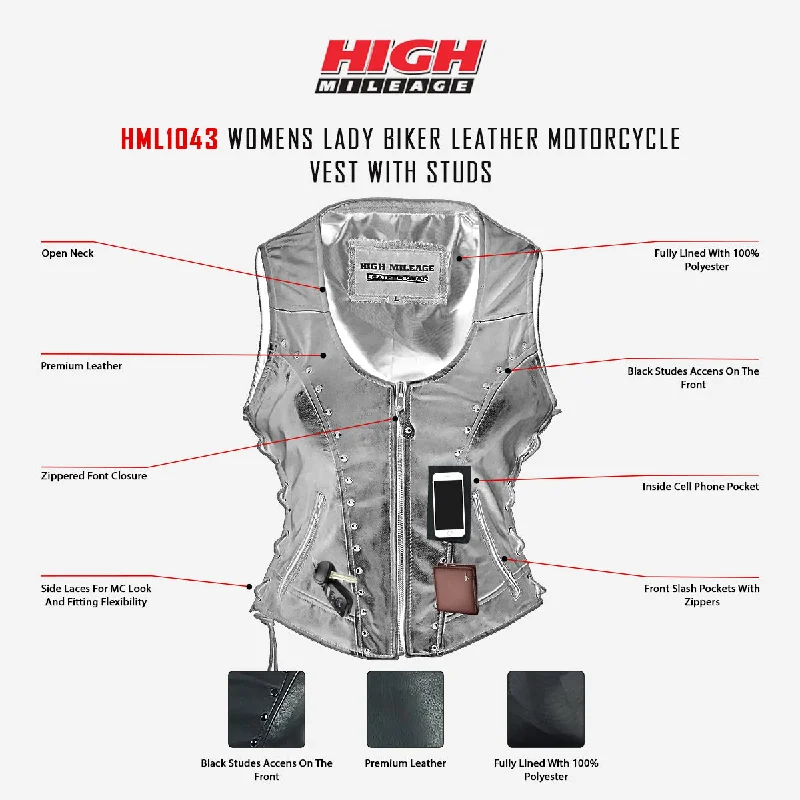 HML1043 High Mileage Ladies Lace Side Vest Adorned with Studs