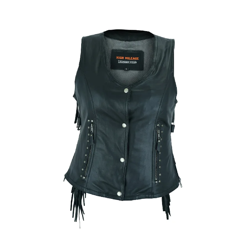 HML1104B Ladies Premium Black Vest with Fringes and Rivets