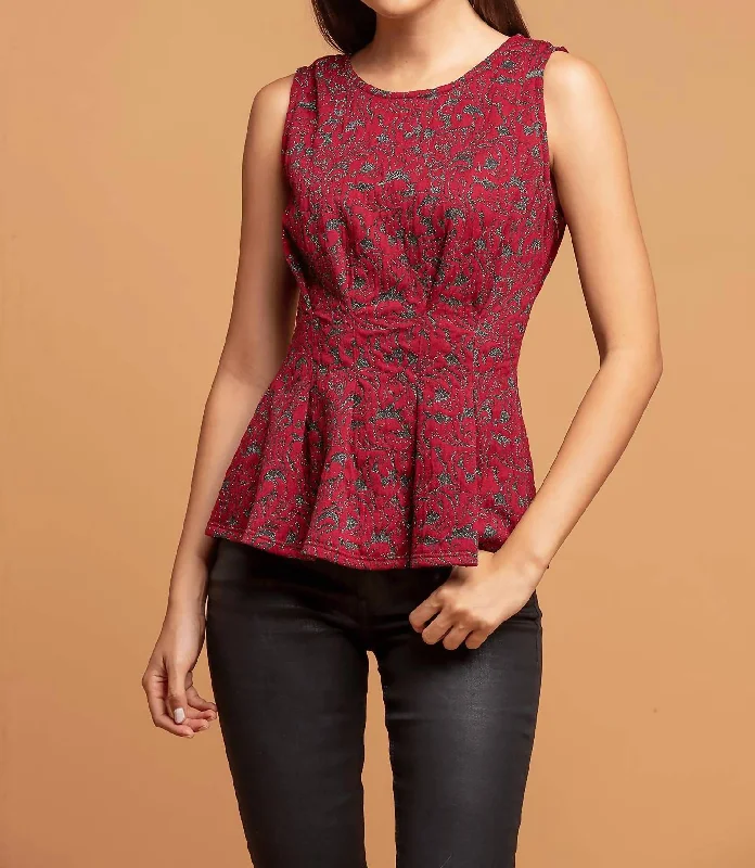 Metallic Peplum Top In Burgundymotif