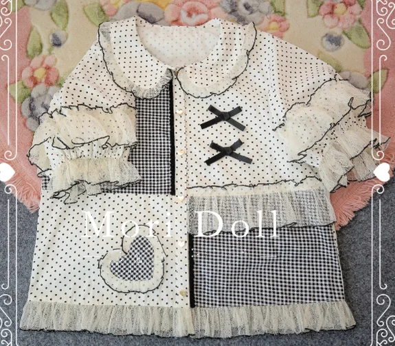 Mori Doll~Peach Tea~Sweet Lolita Dot and Stripe Print Short Sleeve Blouse