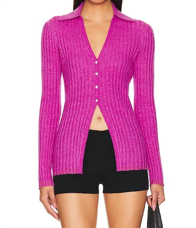 Rib Button Cardigan In Fuchsia