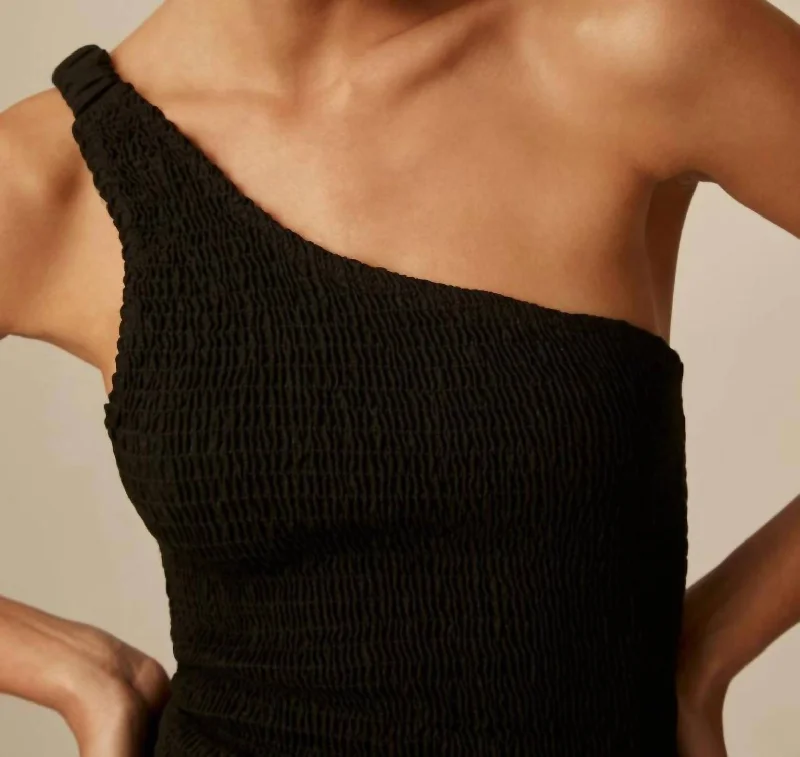 Smocked One Shoulder Tank Top In Black