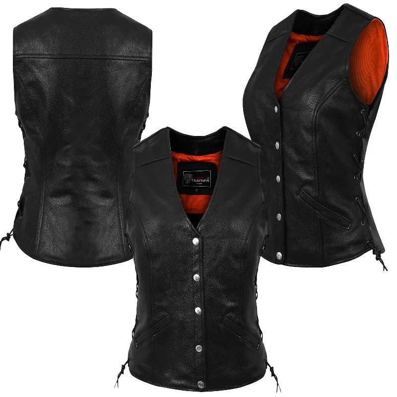 VL1048 Premium Leather Ladies Five-Snap Lace Side Vest