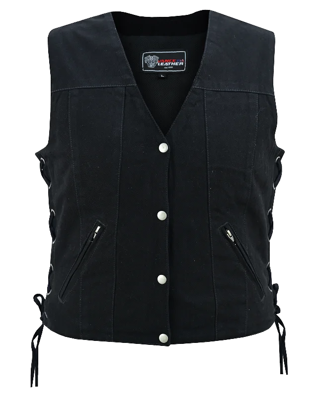 VB1045BK Women's Black Denim V Neck Vest with Snap opening & side laces