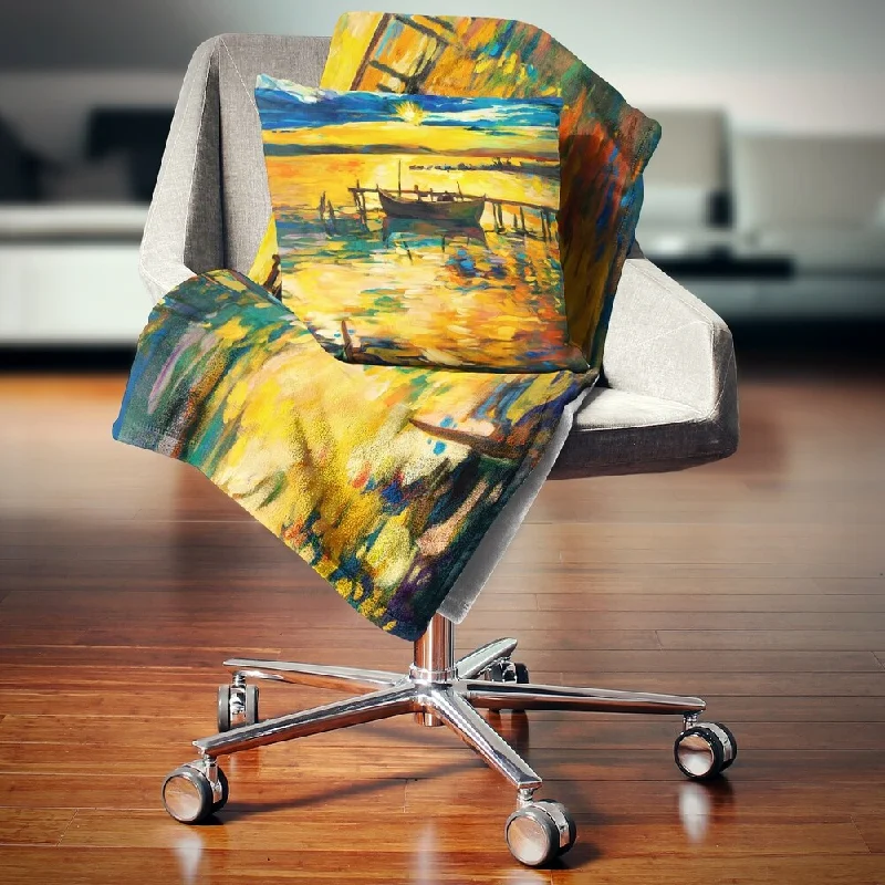 Alpaca wool blankets for a hypoallergenic and warm optionWool blankets with natural warmth and insulationDesignart 'Boat and Pier in Yellow Shade' Seascape Throw Blanket