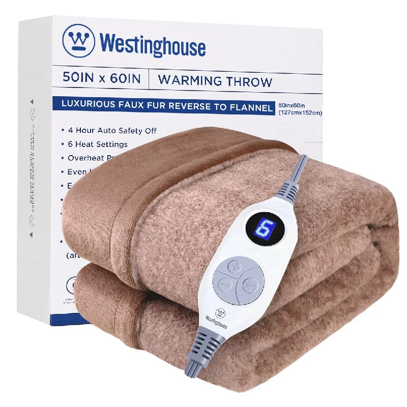 Queen - size blankets for standard - sized bedsFleece blankets for a cozy and plush textureWestinghouse Electric Blanket Heated Throw Blanket, Faux Fur Heating Blanket, 6 Heat Settings & 4 Hours Auto Off, Brown, 50x60in